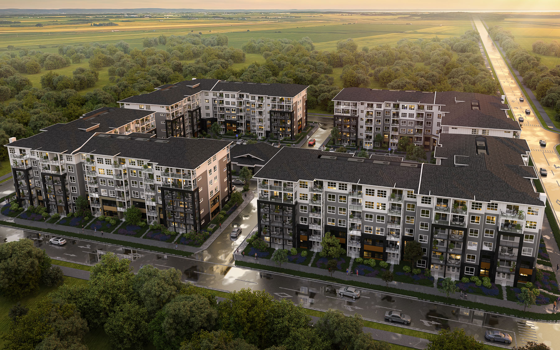 Overview of the Atlas four rental buildings and amenity centre.