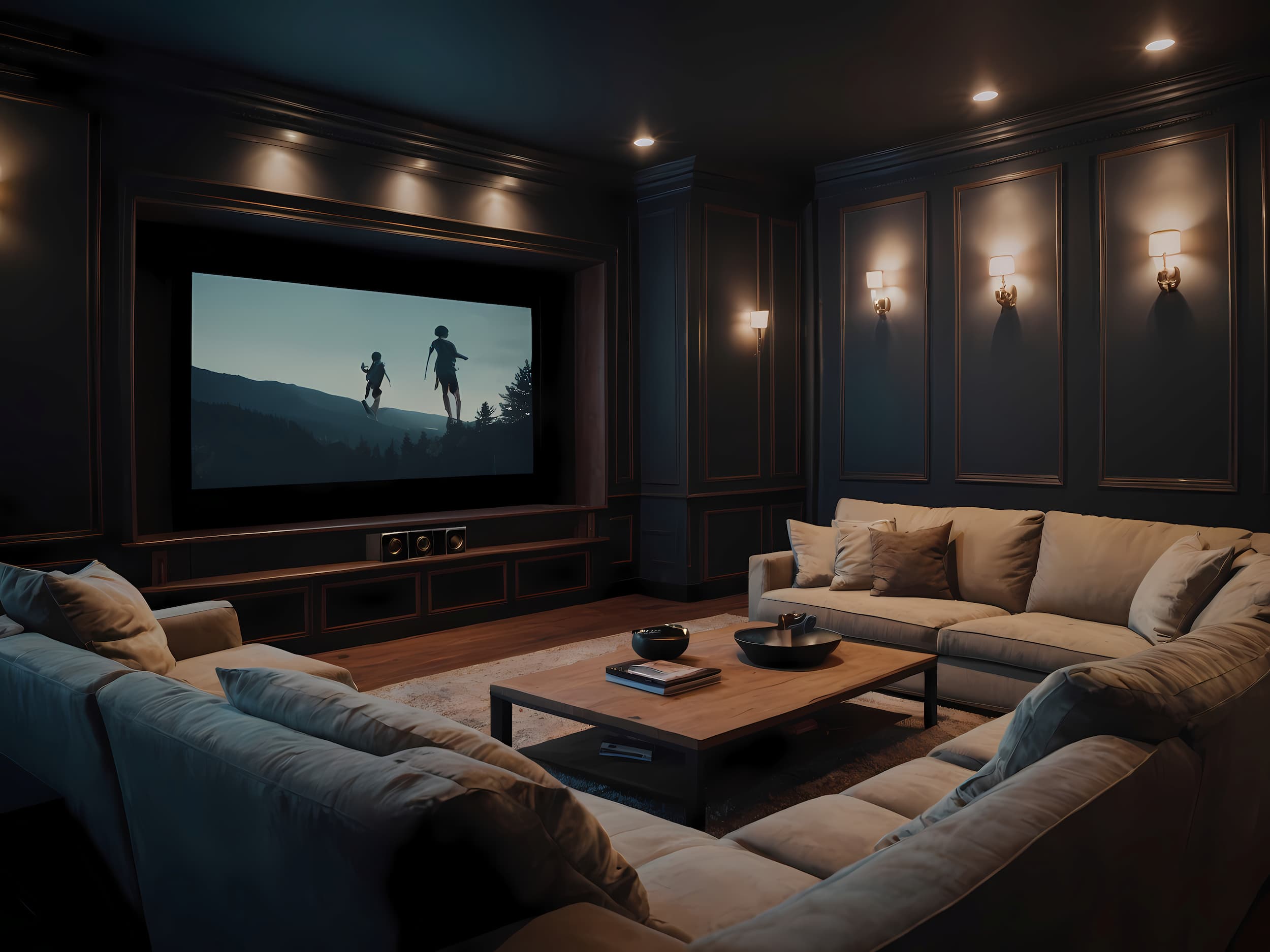 Media room with a large screen and couches
